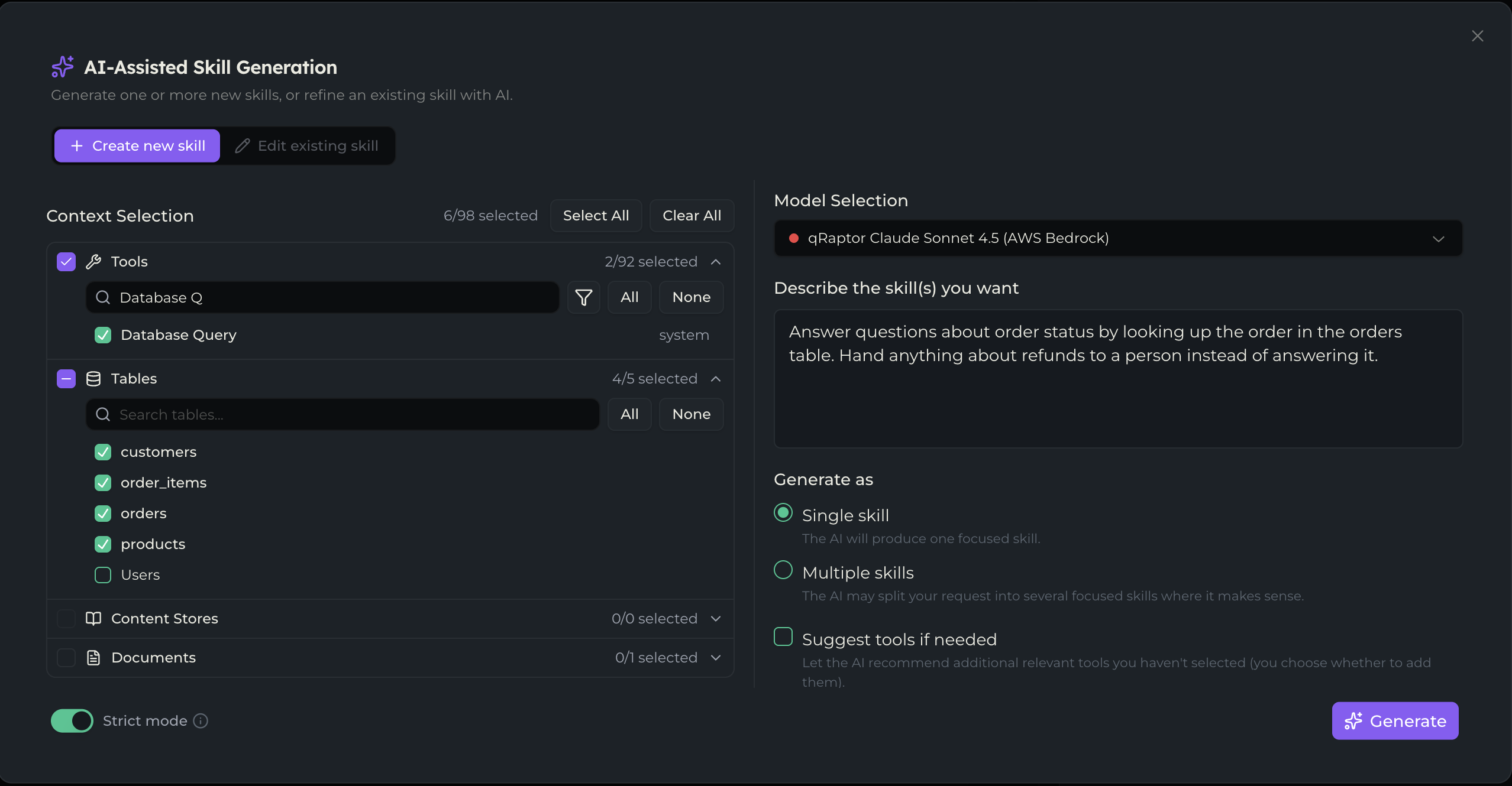 The AI-Assisted Skill Generation dialog in Create new skill mode, with context selected on the left and the instruction and options on the right