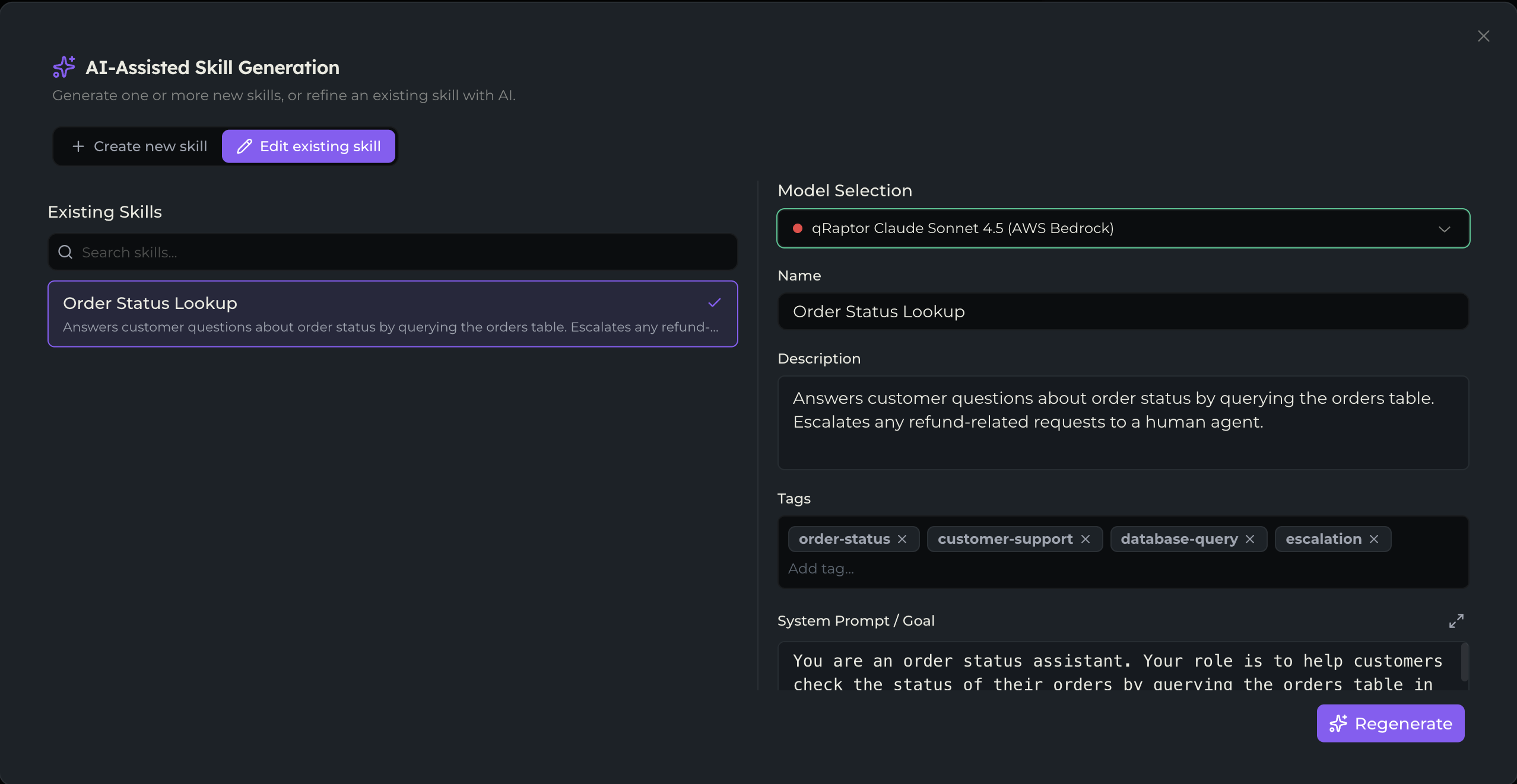 The dialog in Edit existing skill mode, with the skill list on the left and the selected skill's fields loaded on the right
