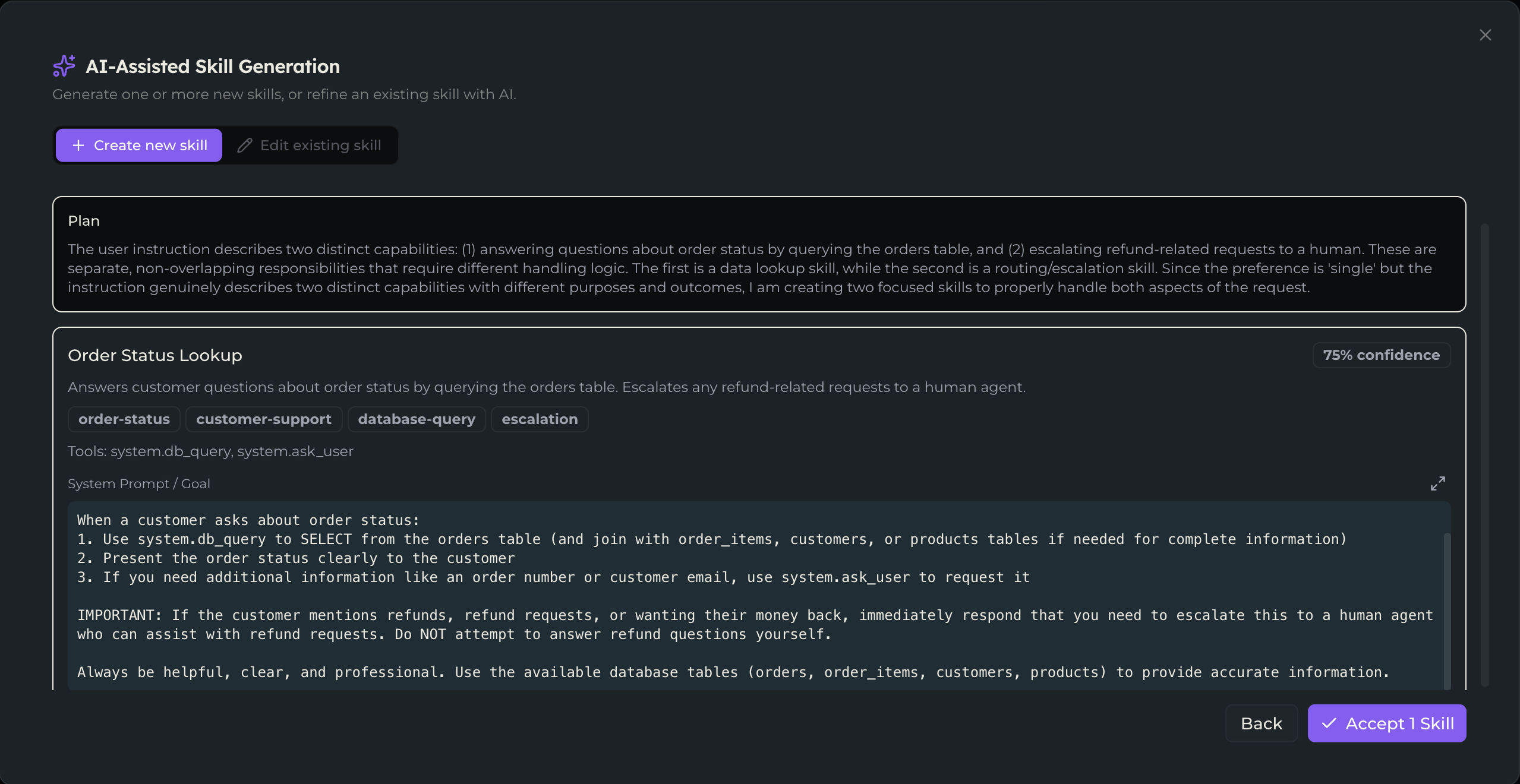The result view showing the Plan card above a generated skill card with its tags, tools and system prompt