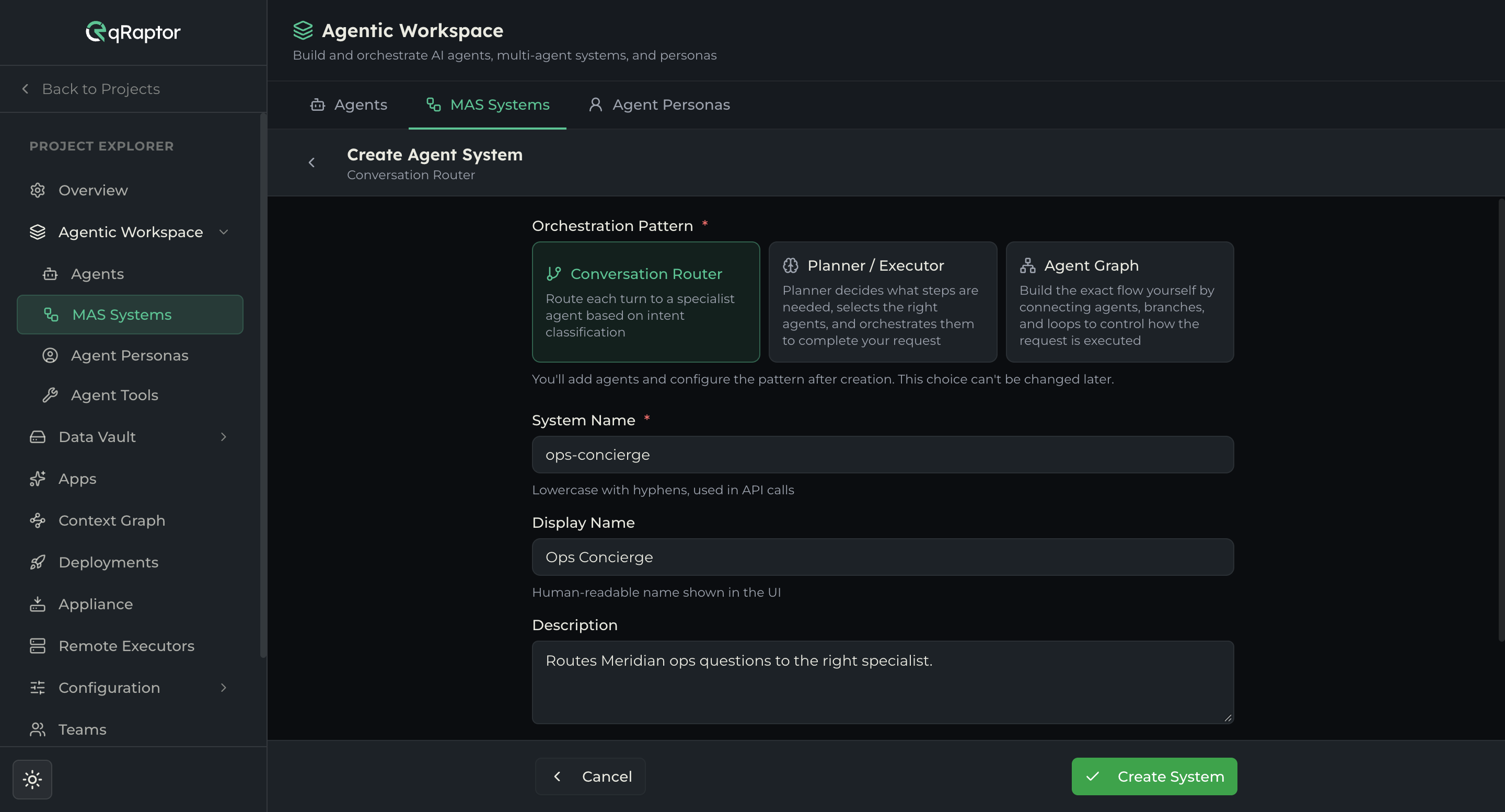 The Create Agent System form with a pattern selected and the name fields filled in