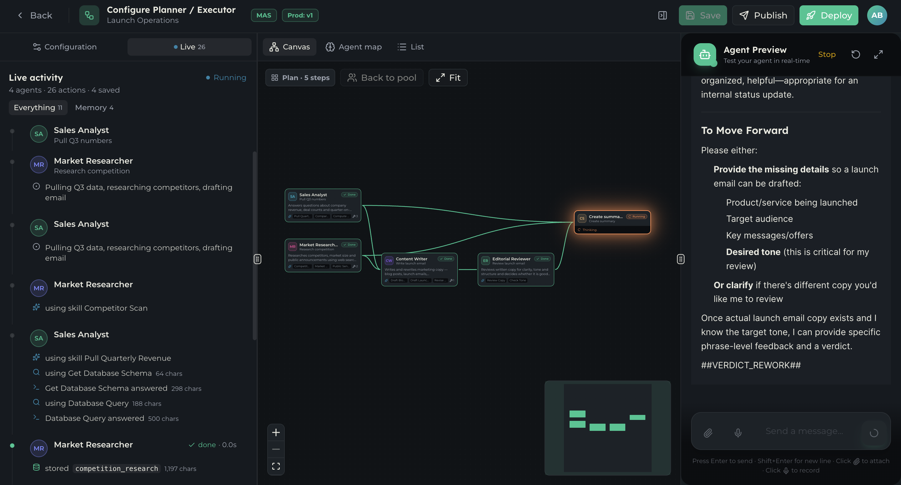 A Planner / Executor turn in the chat preview with the generated plan alongside the answer