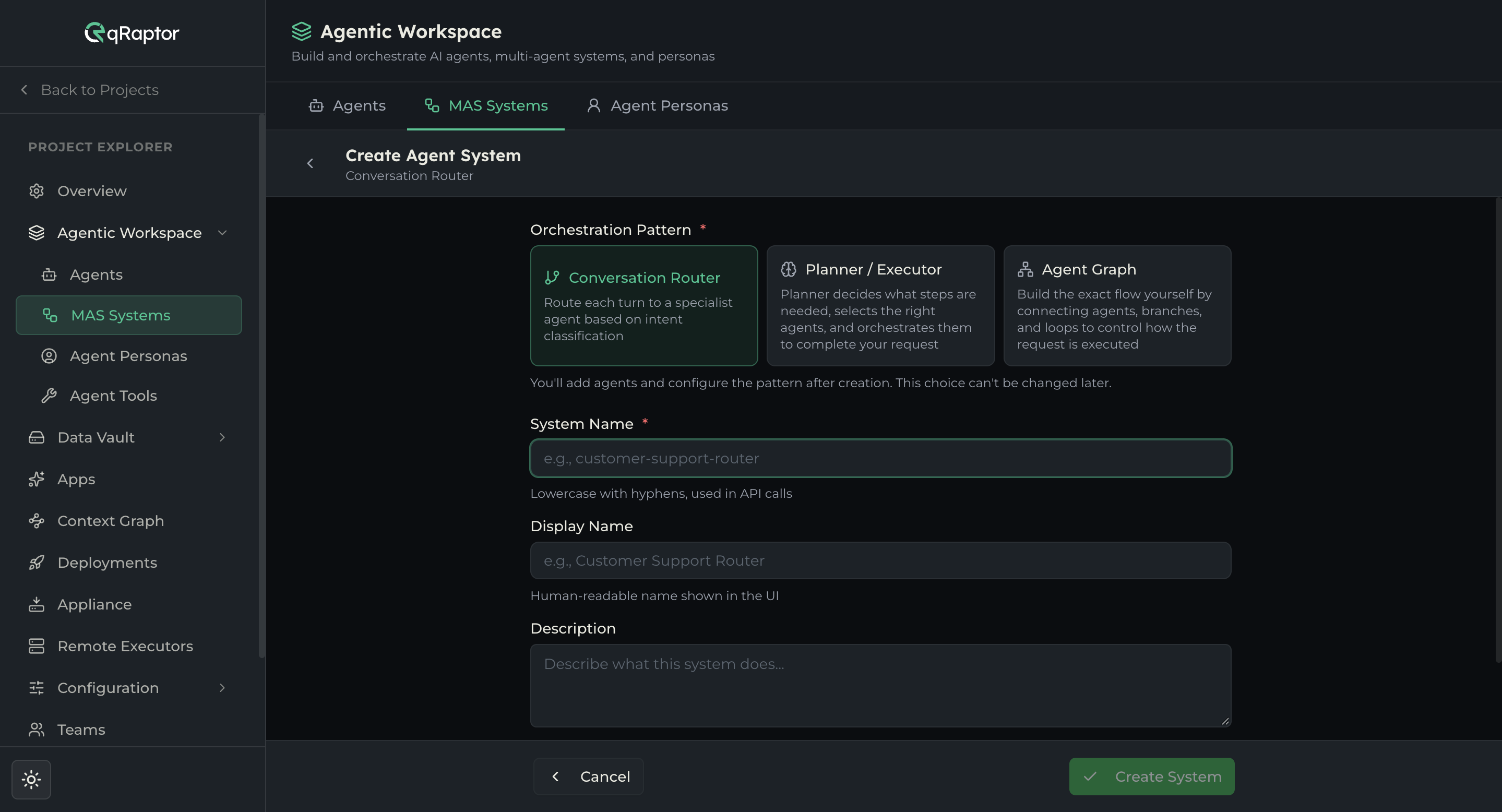 The three pattern cards on the Create Agent System form