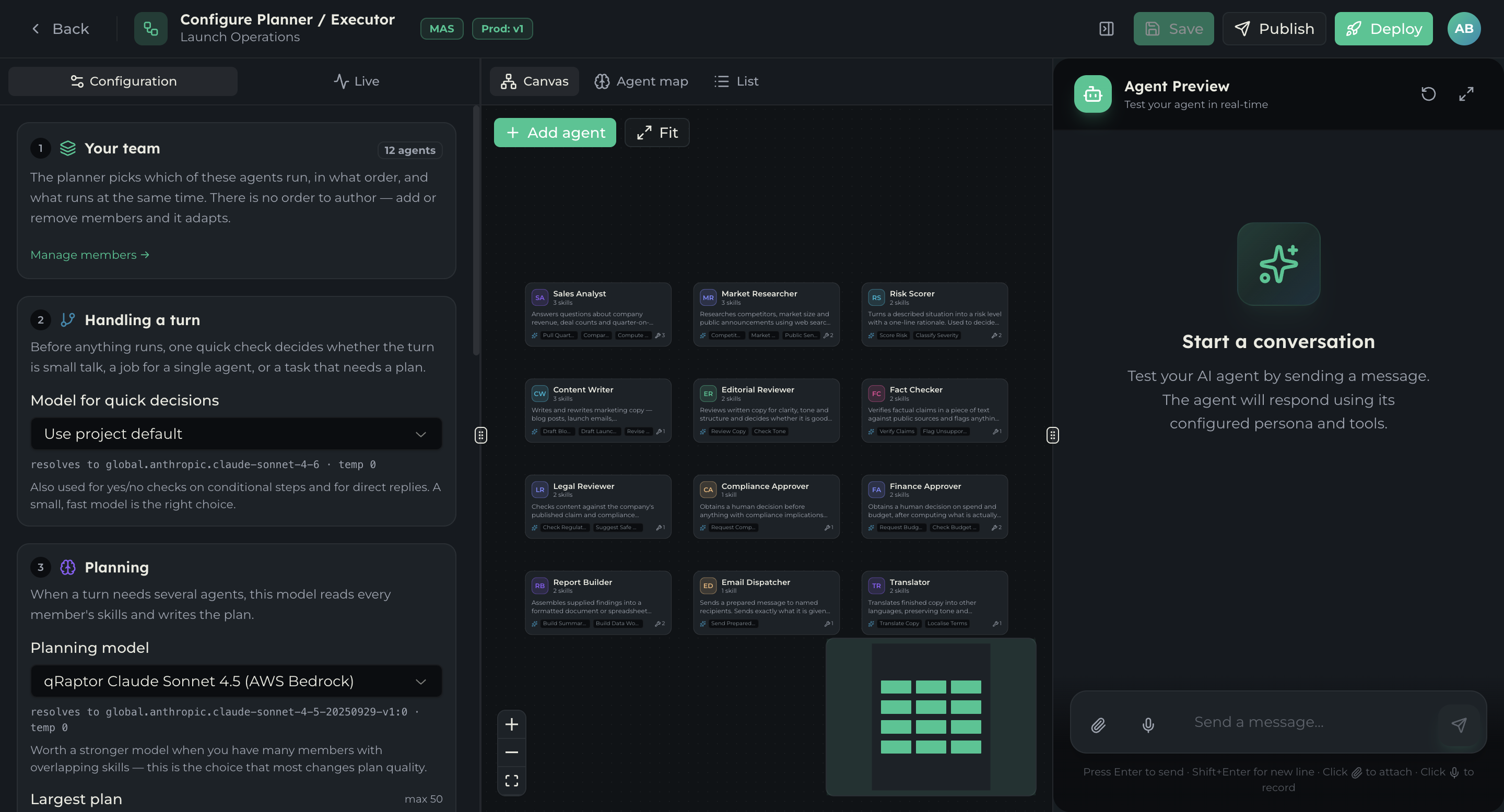 The system editor showing the configuration panel, the centre view, and the chat preview