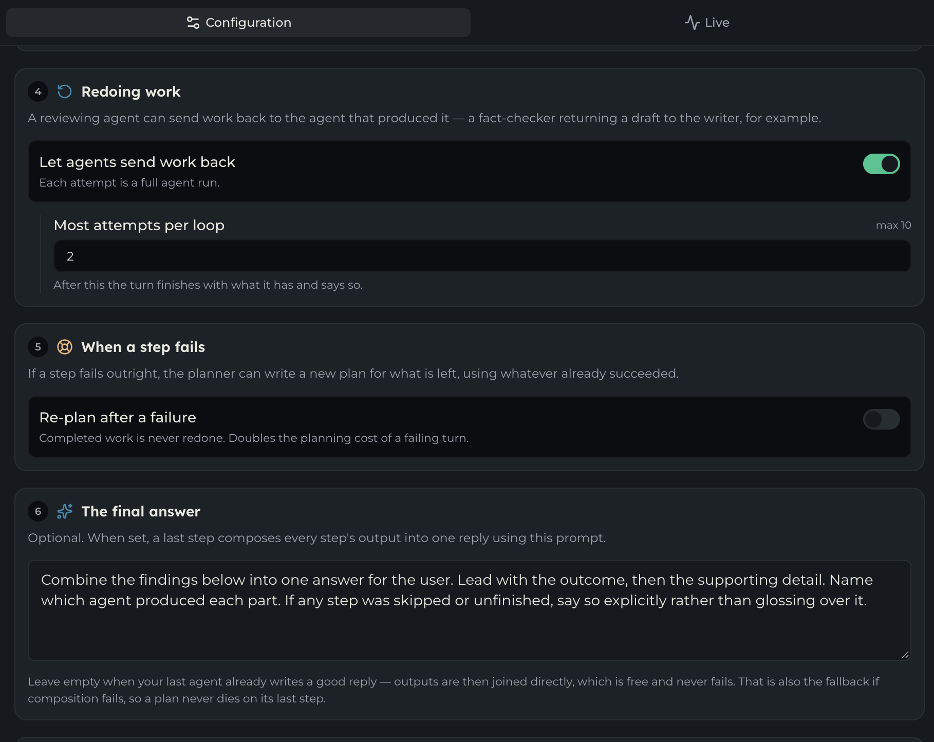 The Redoing work and When a step fails groups in the configuration panel