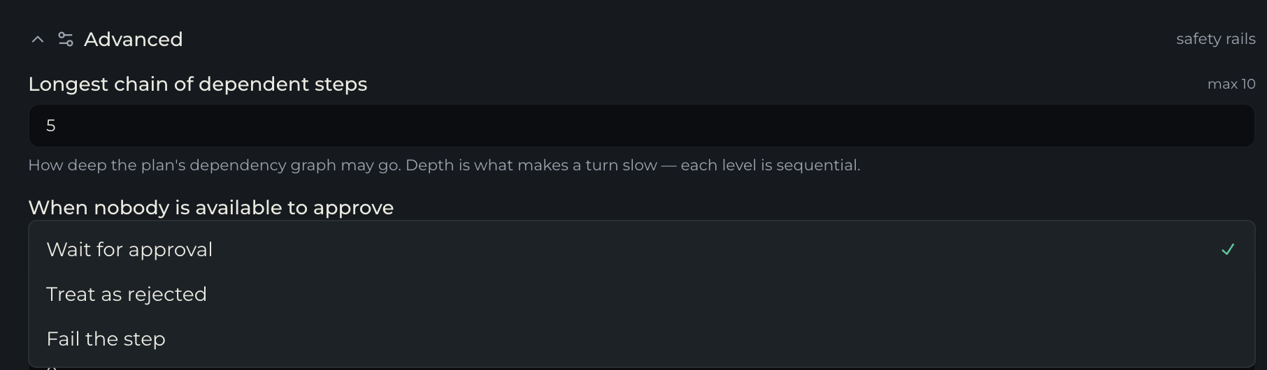 The unattended approval dropdown showing Wait for approval, Treat as rejected, and Fail the step