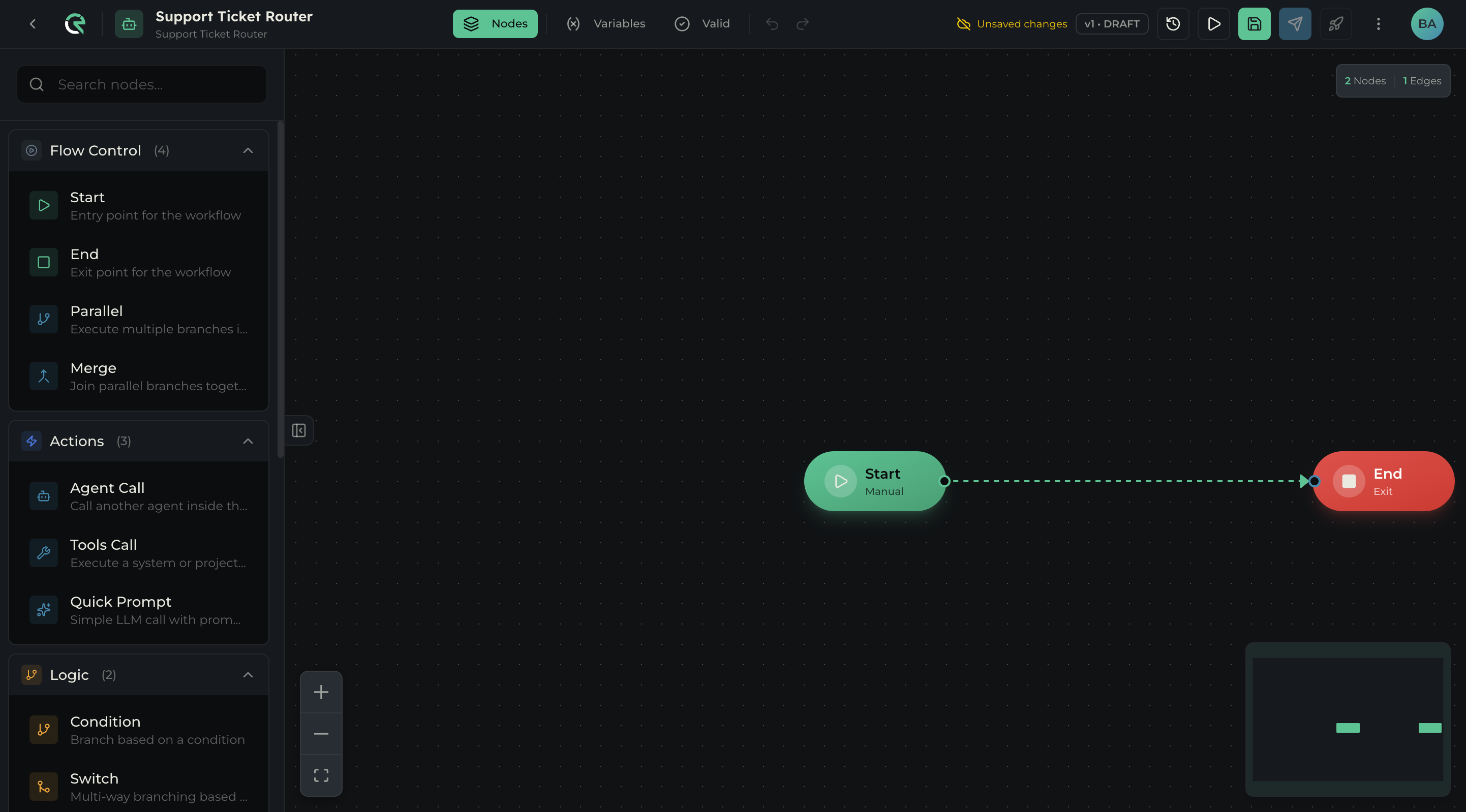 Agent Builder canvas showing Start and End nodes with the Node Palette open on the left