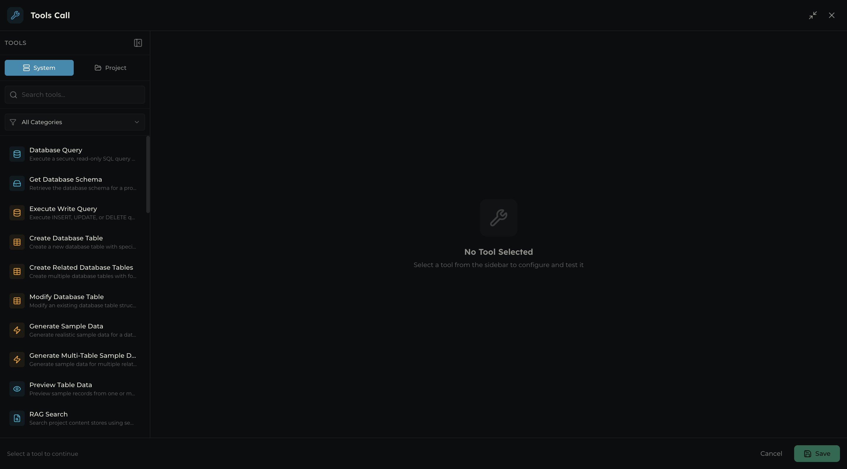 Full list of system tools available in the Tools Call node