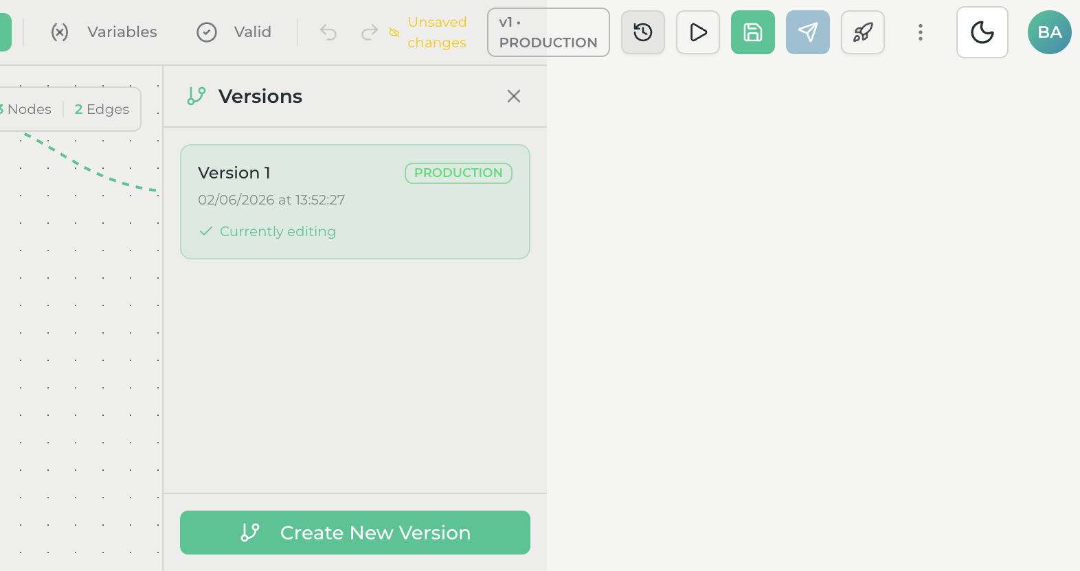 Agent toolbar showing the Publish button and version status changing to PRODUCTION