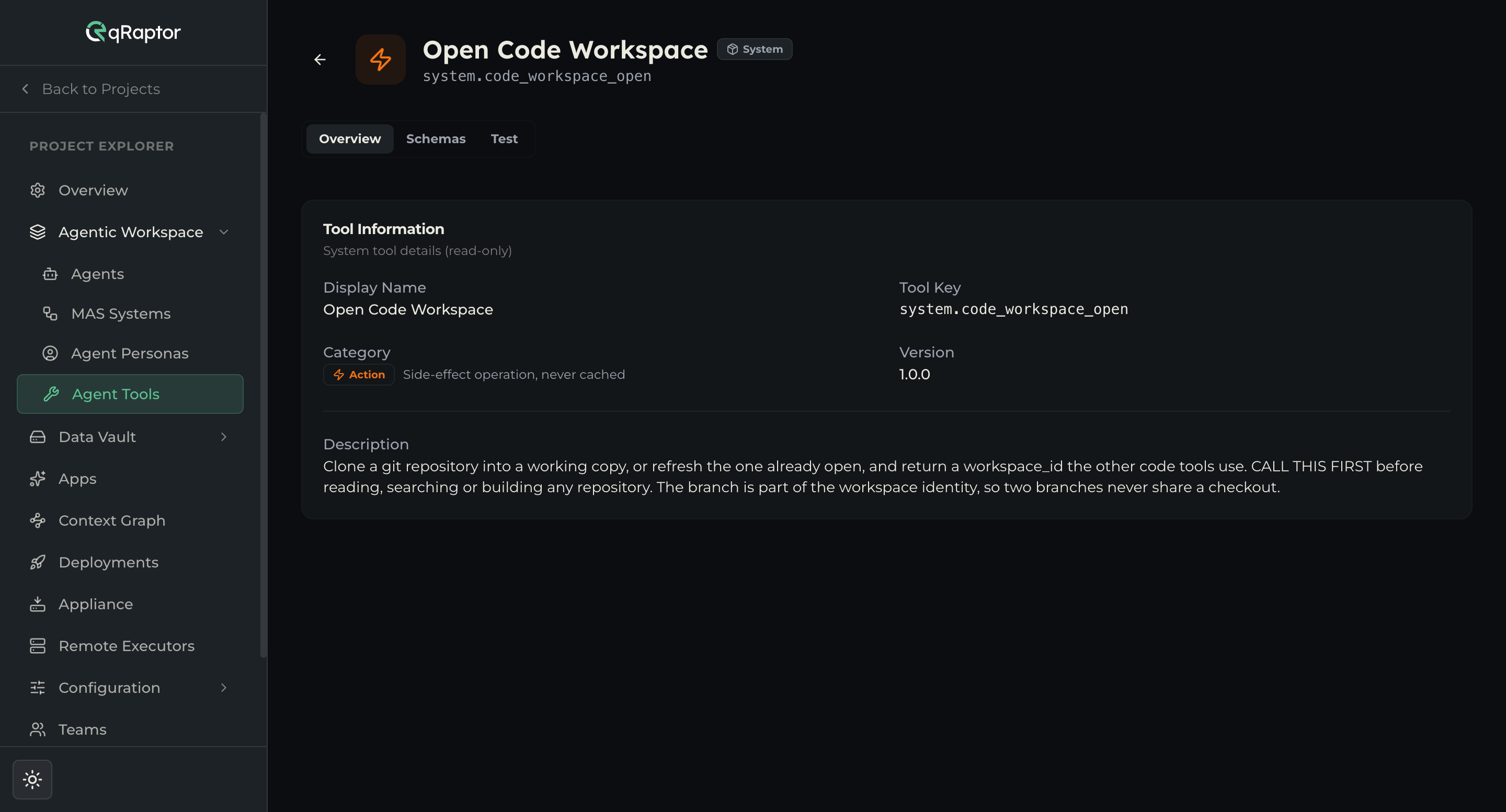A code tool's detail page on the Overview tab