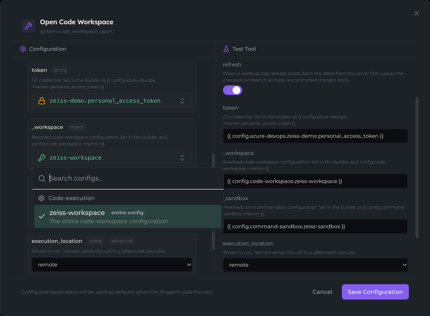 A code tool's workspace parameter with its configuration dropdown open, filtered to Code Workspace configurations