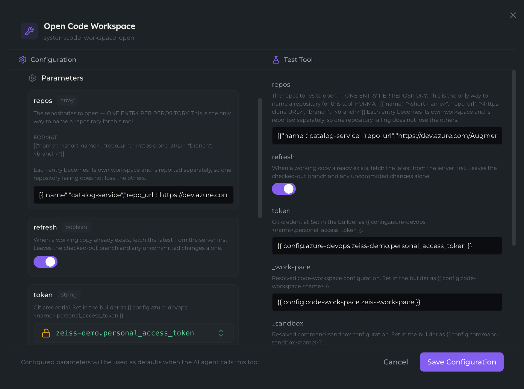 The code_workspace_open tool showing its repos parameter