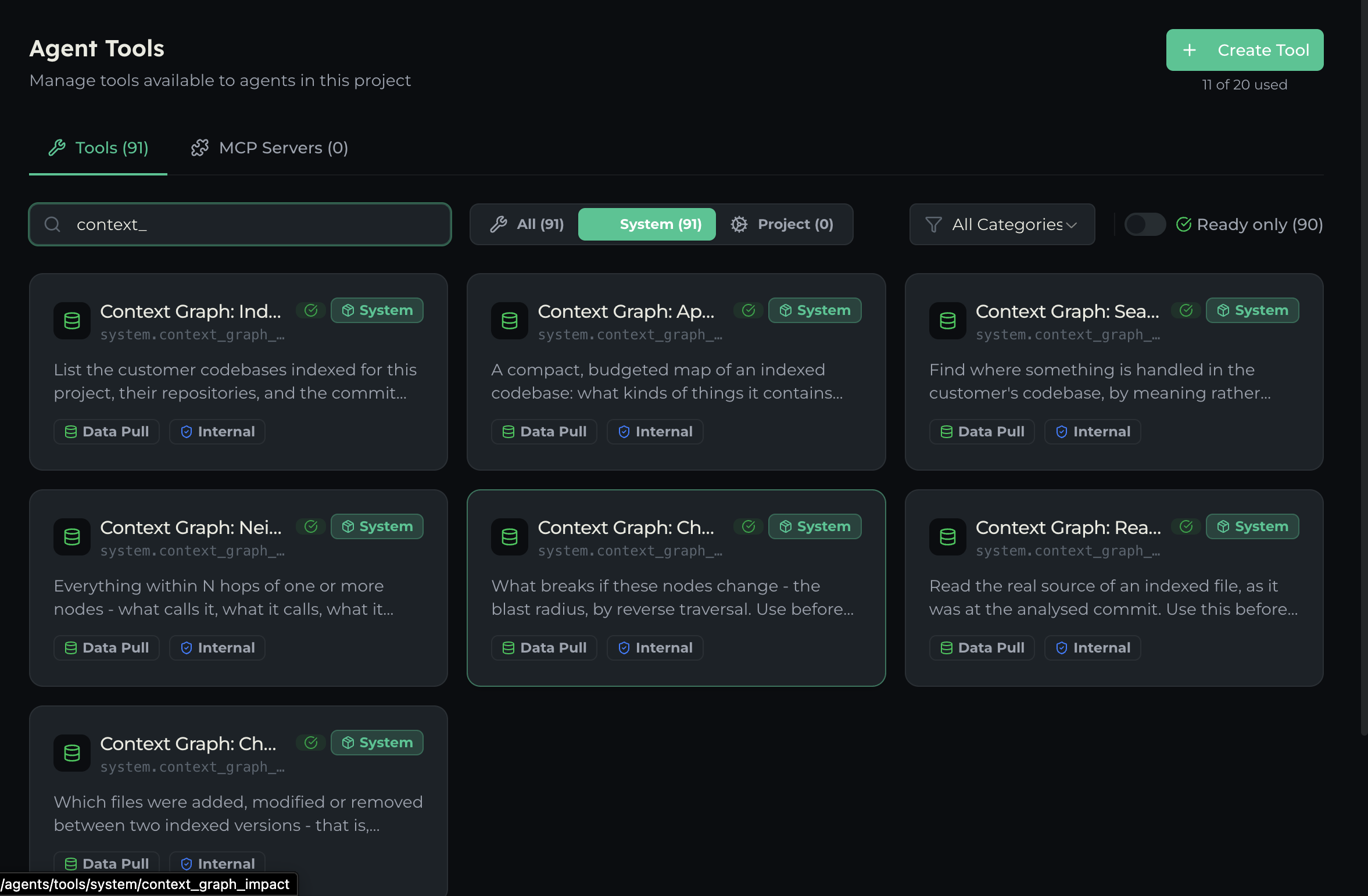 The Agent Tools registry filtered to the Context Graph tools