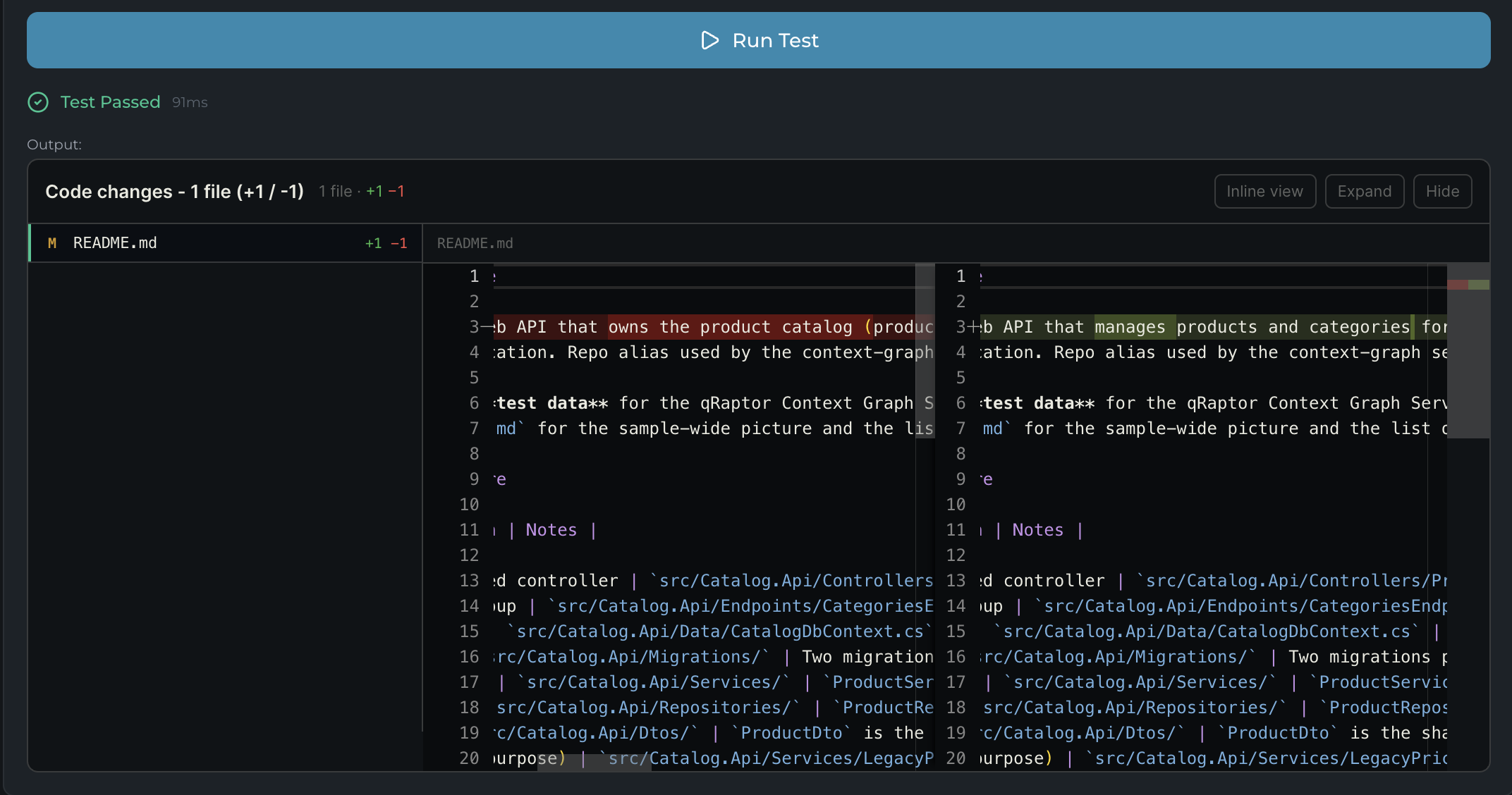 The parse_code_diff tool result showing the changes