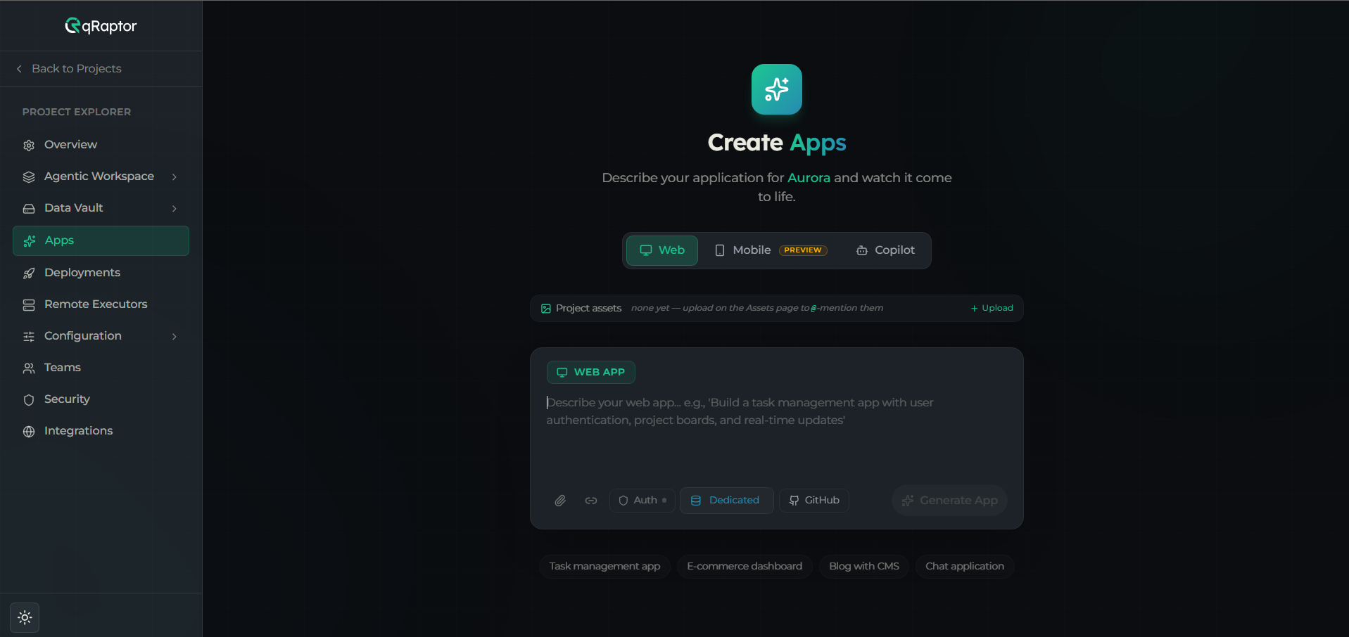 Apps landing page showing the platform selector and prompt composer