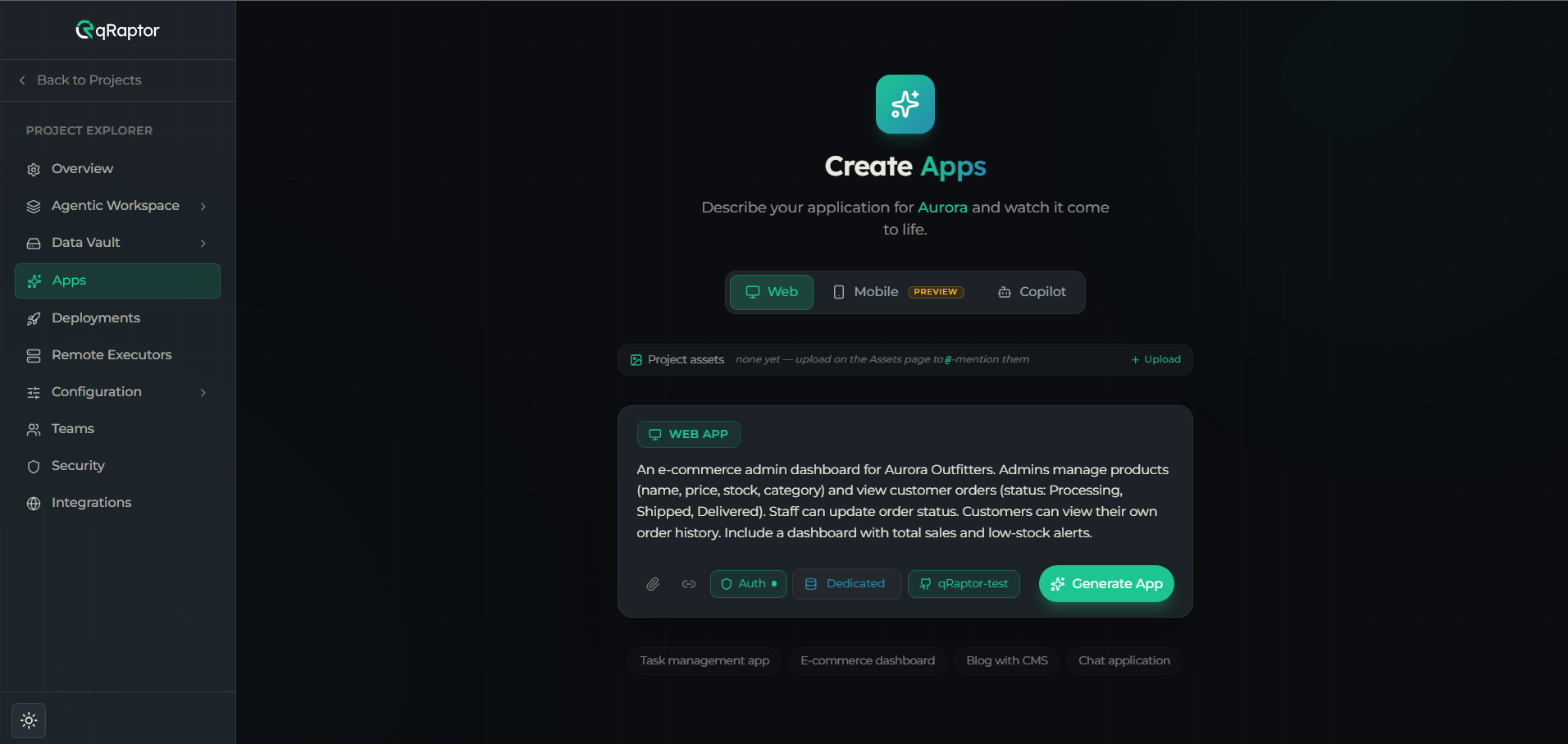 Prompt composer with the app description textarea, file attachments, and reference URLs