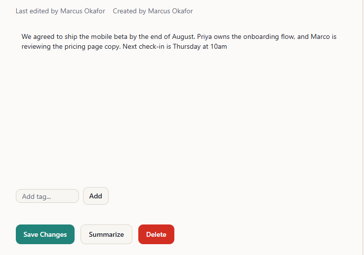 The note editor in preview, with the Summarize button next to Save Changes and Delete