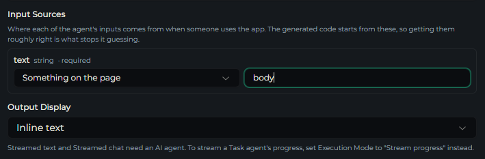 Input Sources with the text input mapped to Something on the page, value body, and Output Display set to Inline text