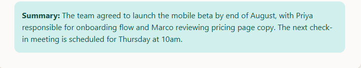 The two-sentence summary shown on the note editor after clicking Summarize