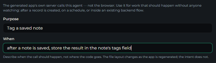The Backend Call form with its explanation, Purpose set to Tag a saved note and When set to after a note is saved, store the result in the note's tags field