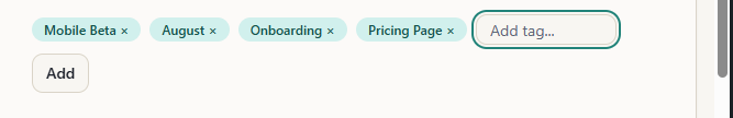 The saved note in preview, now carrying the tags suggested by the agent: Mobile Beta, August, Onboarding and Pricing Page