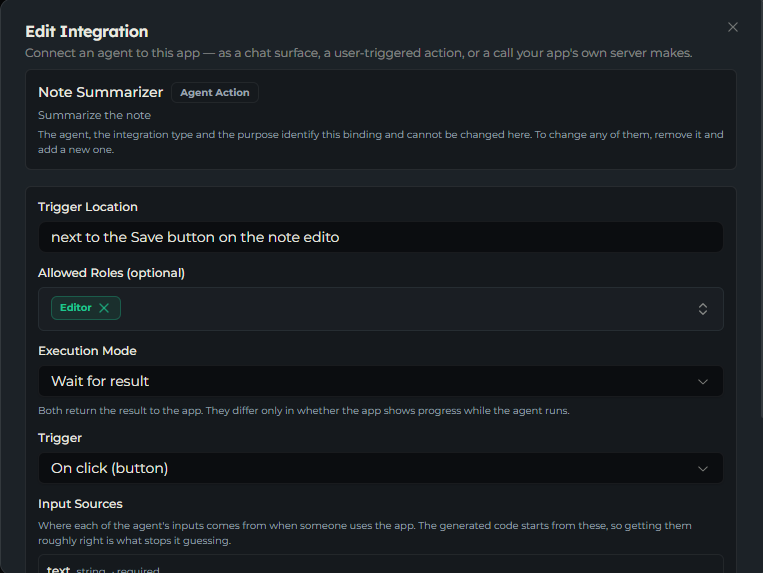 The Edit Integration form with the locked summary of the agent, Agent Action type and purpose at the top, and the editable fields below