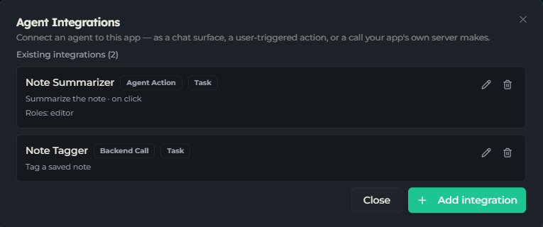 The Agent Integrations dialog listing two integrations: an Agent Action for Note Summarizer and a Backend Call for Note Tagger, each with edit and remove icons