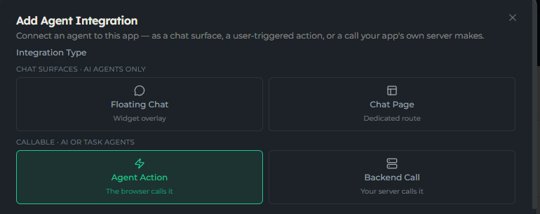 The Integration Type section showing Floating Chat and Chat Page under Chat surfaces, and Agent Action and Backend Call under Callable