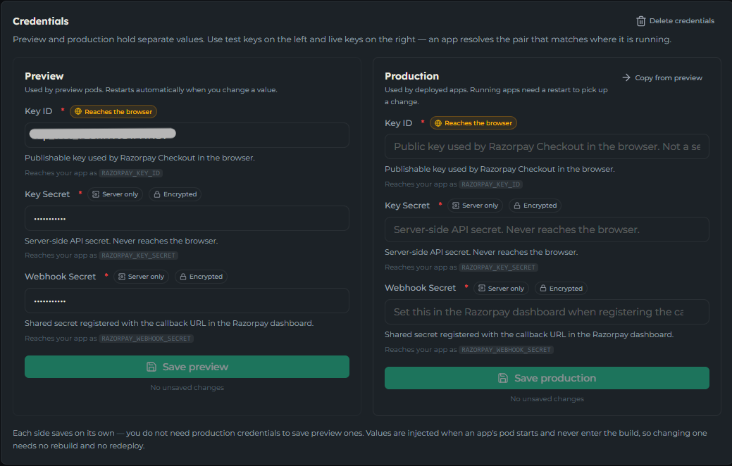 The Credentials section after saving the Preview side, with the Key ID filled, both secrets masked, the Production side still empty, and a Delete credentials link at the top