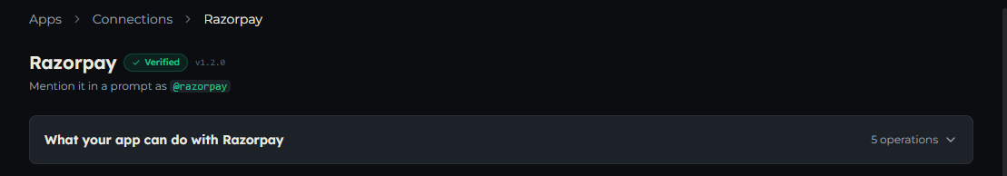 The Razorpay connection page header showing the Verified badge, the version and the line Mention it in a prompt as @razorpay