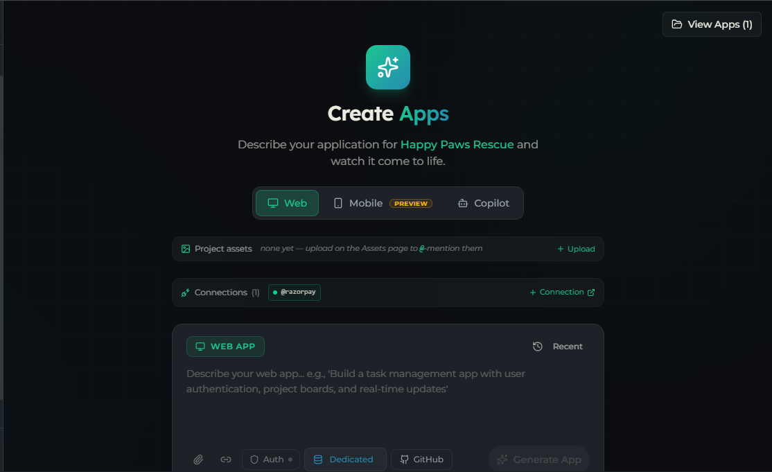 The Create Apps page with the Connections strip above the prompt box, showing a green @razorpay chip and the + Connection link