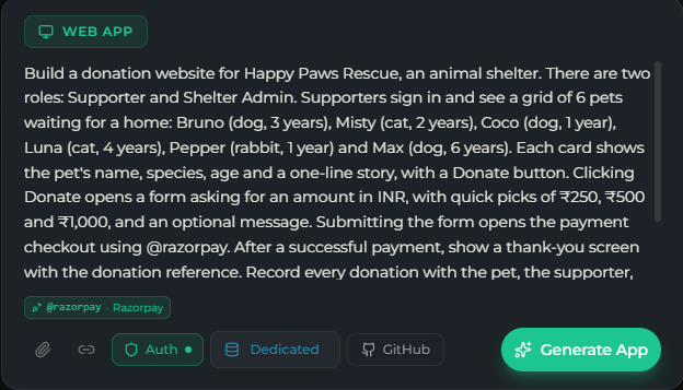 A complete donation-site prompt with the @razorpay · Razorpay chip shown under the prompt box