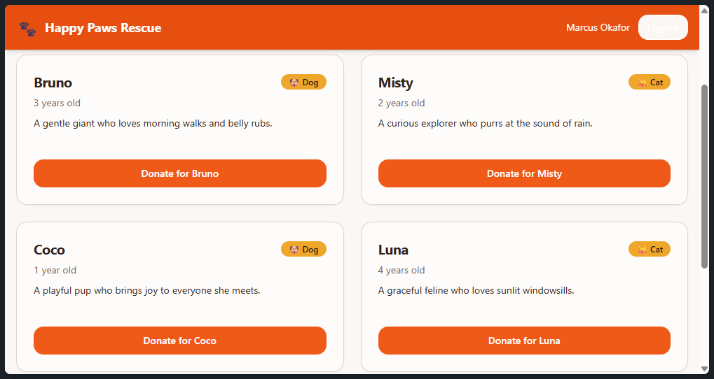 The donation app running in preview, with pet cards for Bruno, Misty, Coco and Luna, each with its own Donate for button