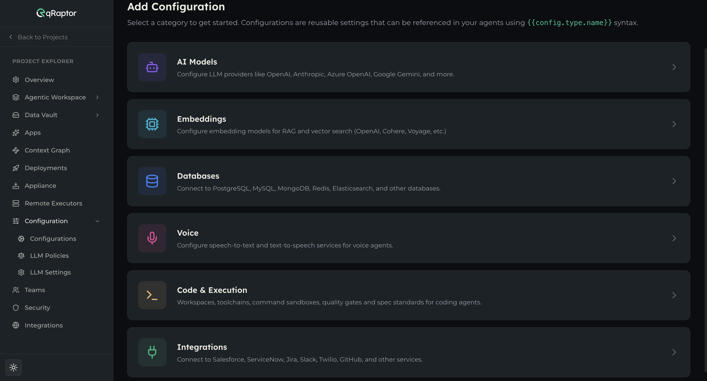 The Add Configuration screen showing the six category choices