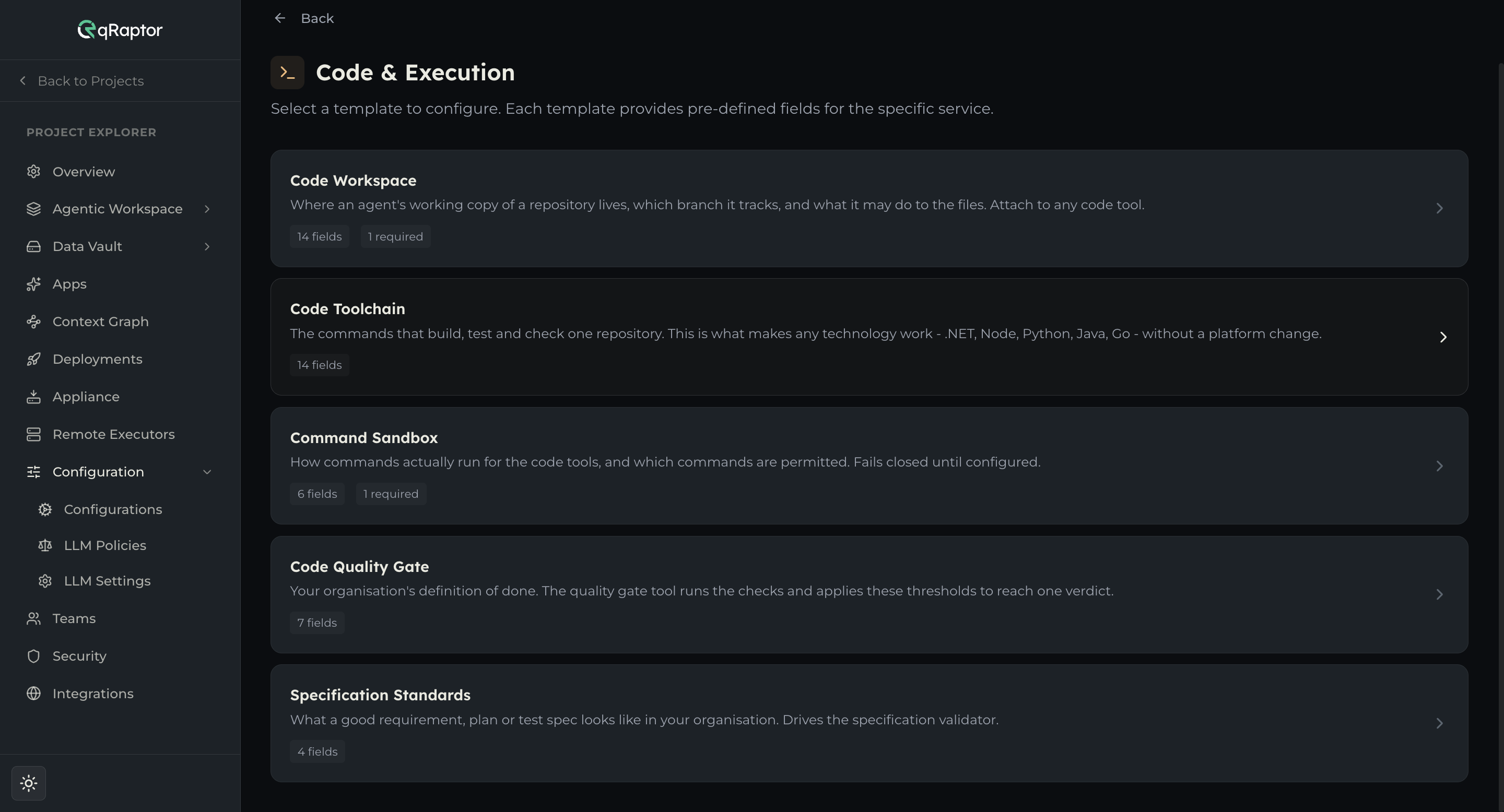 The Add Configuration flow with Code & Execution selected, showing its five templates