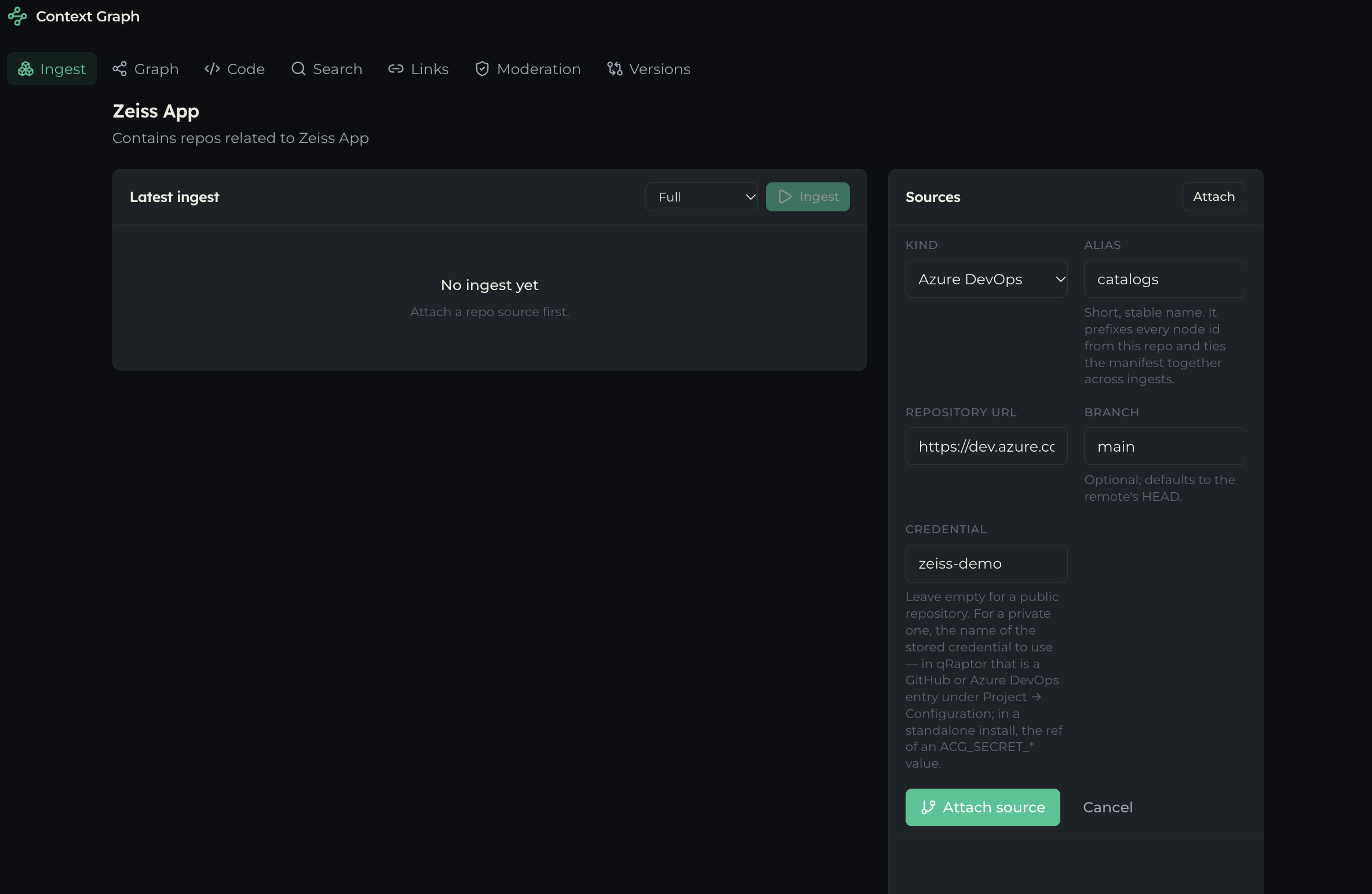 The Attach source form with Kind set to Azure DevOps and the alias, URL, branch and credential filled in