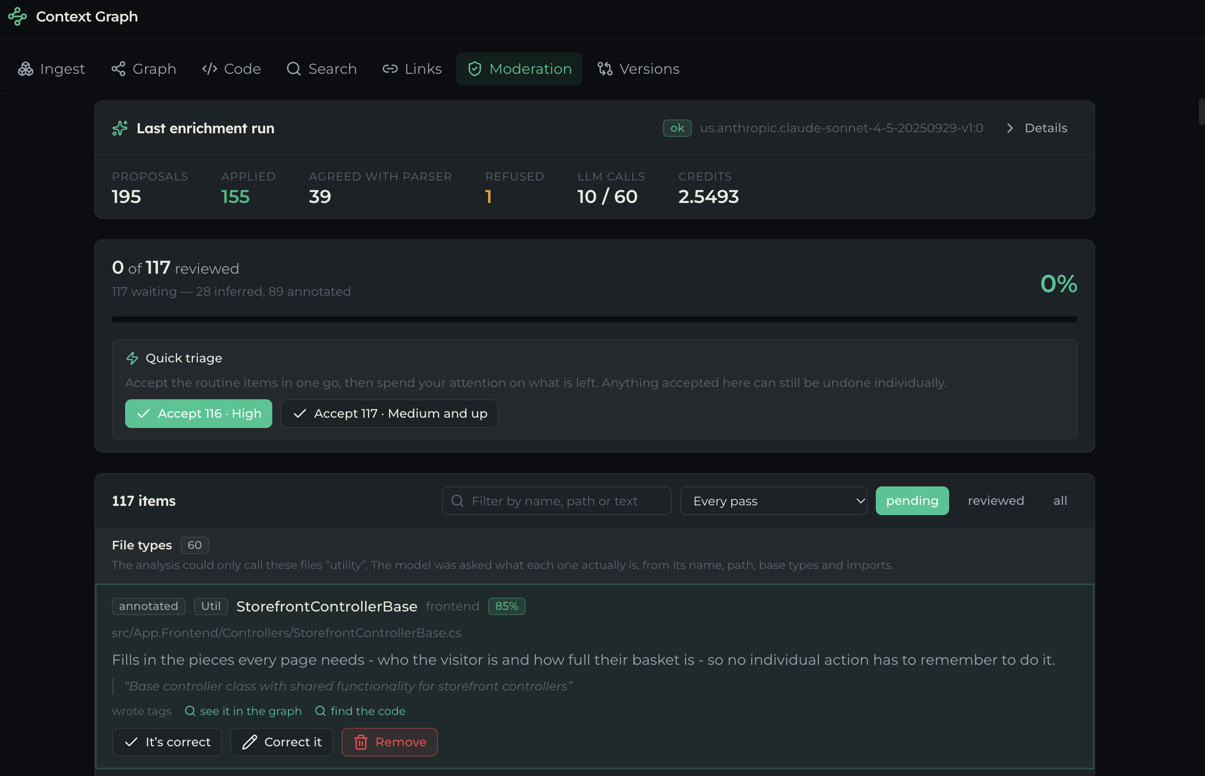 The moderation screen showing progress, the stats row, and the accept-all action