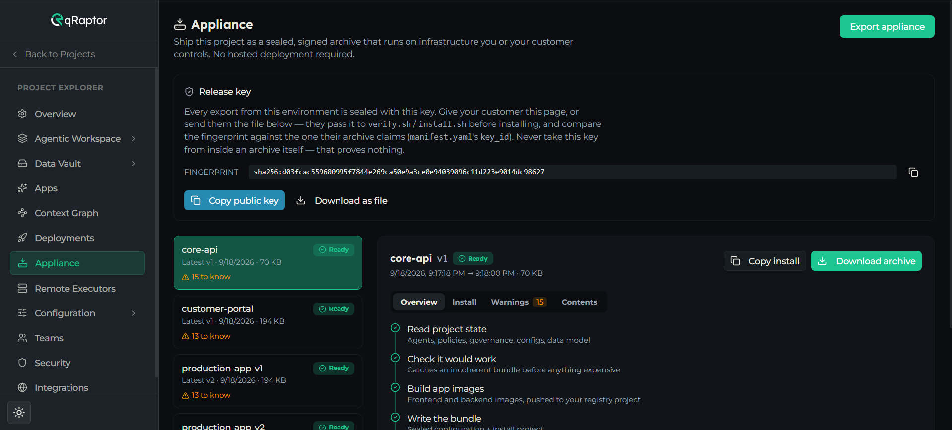 A project's Appliance page, showing past exports with their version, status and a New export button