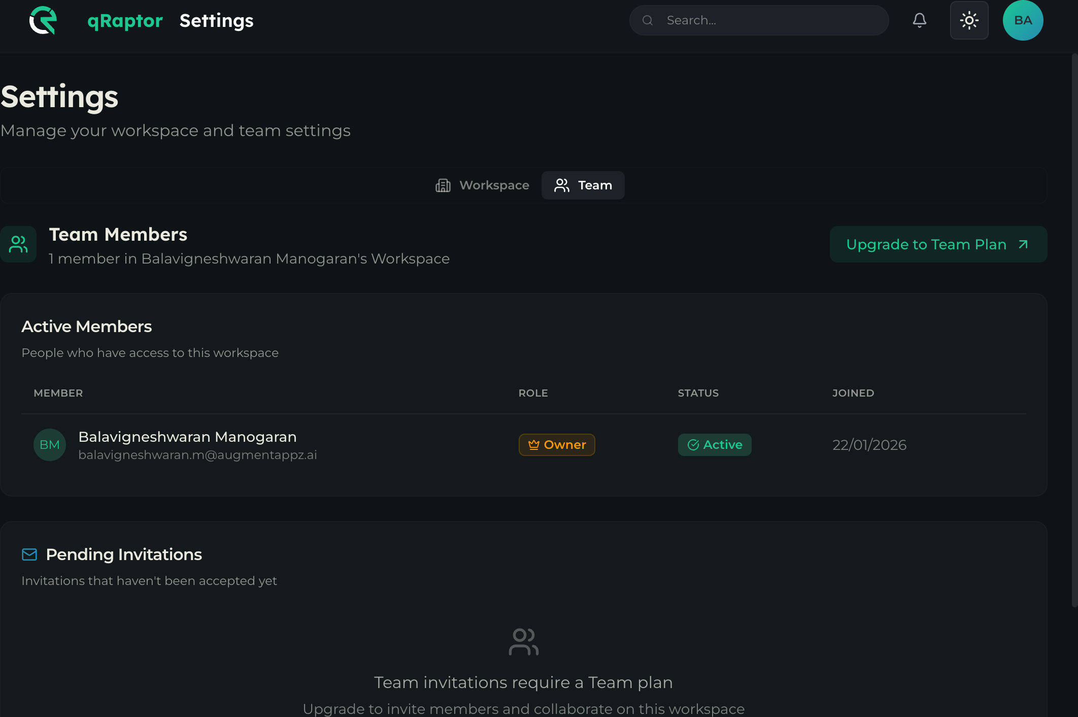 Team settings showing members table with role, status, and join date